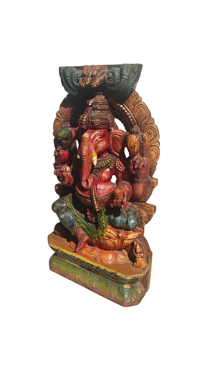Handcrafted Wood Ganesha Statue | Hand-Painted Seated Idol | 18 inch