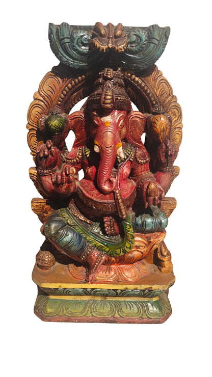 Handcrafted Wood Ganesha Statue | Hand-Painted Seated Idol | 18 inch