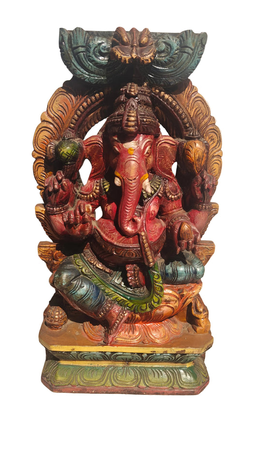 Handcrafted Wood Ganesha Statue | Hand-Painted Seated Idol | 18 inch