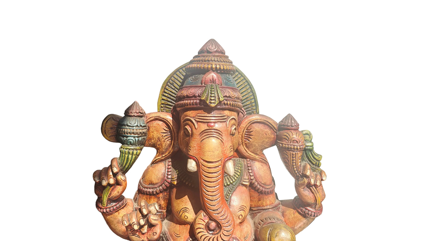 Handcrafted Wood Ganesha Statue | Hand-Painted Seated Idol | 36 inch