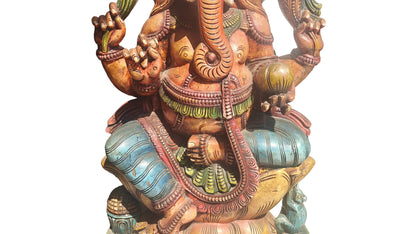 Handcrafted Wood Ganesha Statue | Hand-Painted Seated Idol | 36 inch
