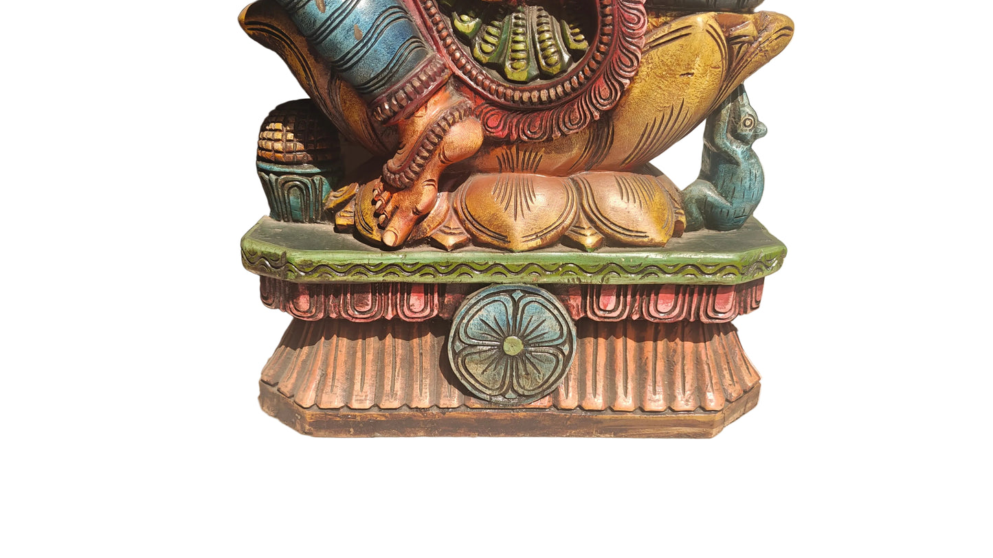 Handcrafted Wood Ganesha Statue | Hand-Painted Seated Idol | 36 inch