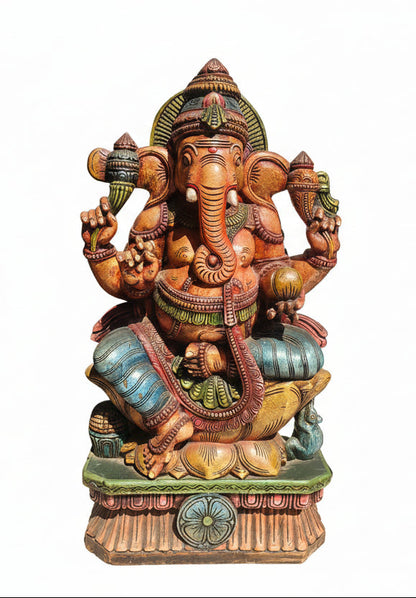 Handcrafted Wood Ganesha Statue | Hand-Painted Seated Idol | 36 inch