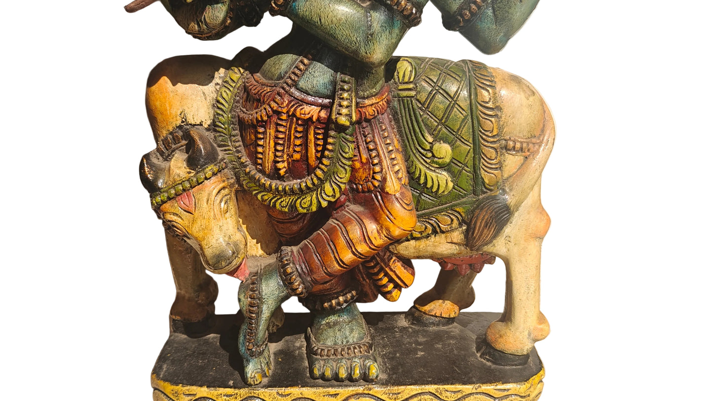Handcrafted Wood Krishna Statue with Cow | Hand-Painted Indian Folk Art | 23 inch