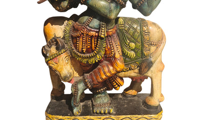 Handcrafted Wood Krishna Statue with Cow | Hand-Painted Indian Folk Art | 23 inch