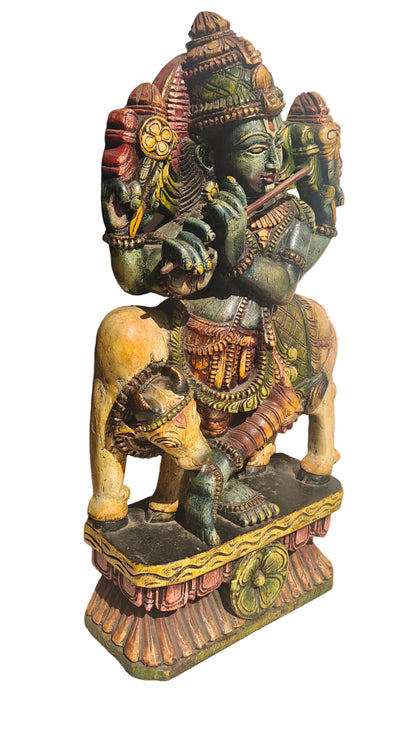 Handcrafted Wood Krishna Statue with Cow | Hand-Painted Indian Folk Art | 23 inch