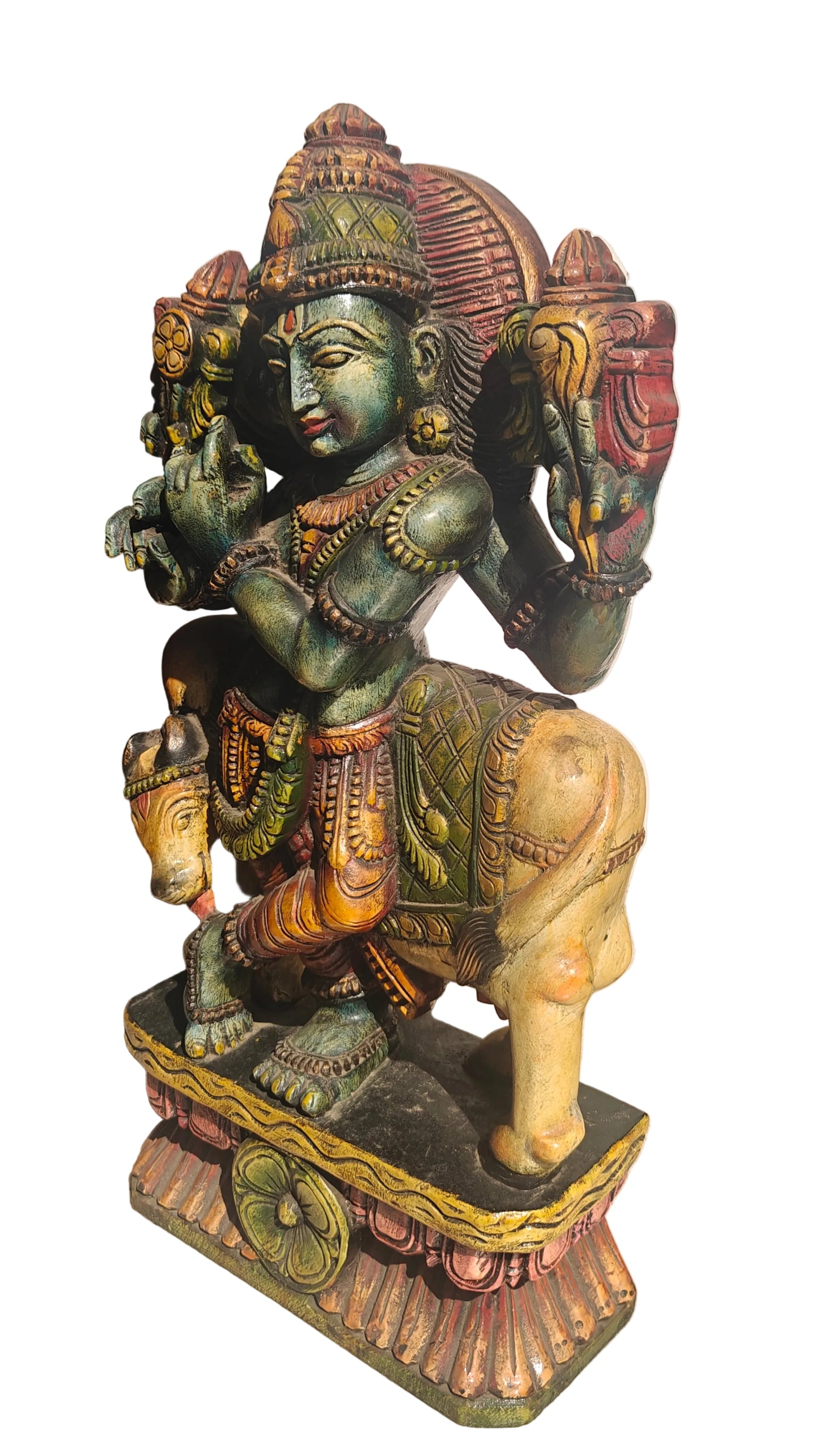 Handcrafted Wood Krishna Statue with Cow | Hand-Painted Indian Folk Art | 23 inch