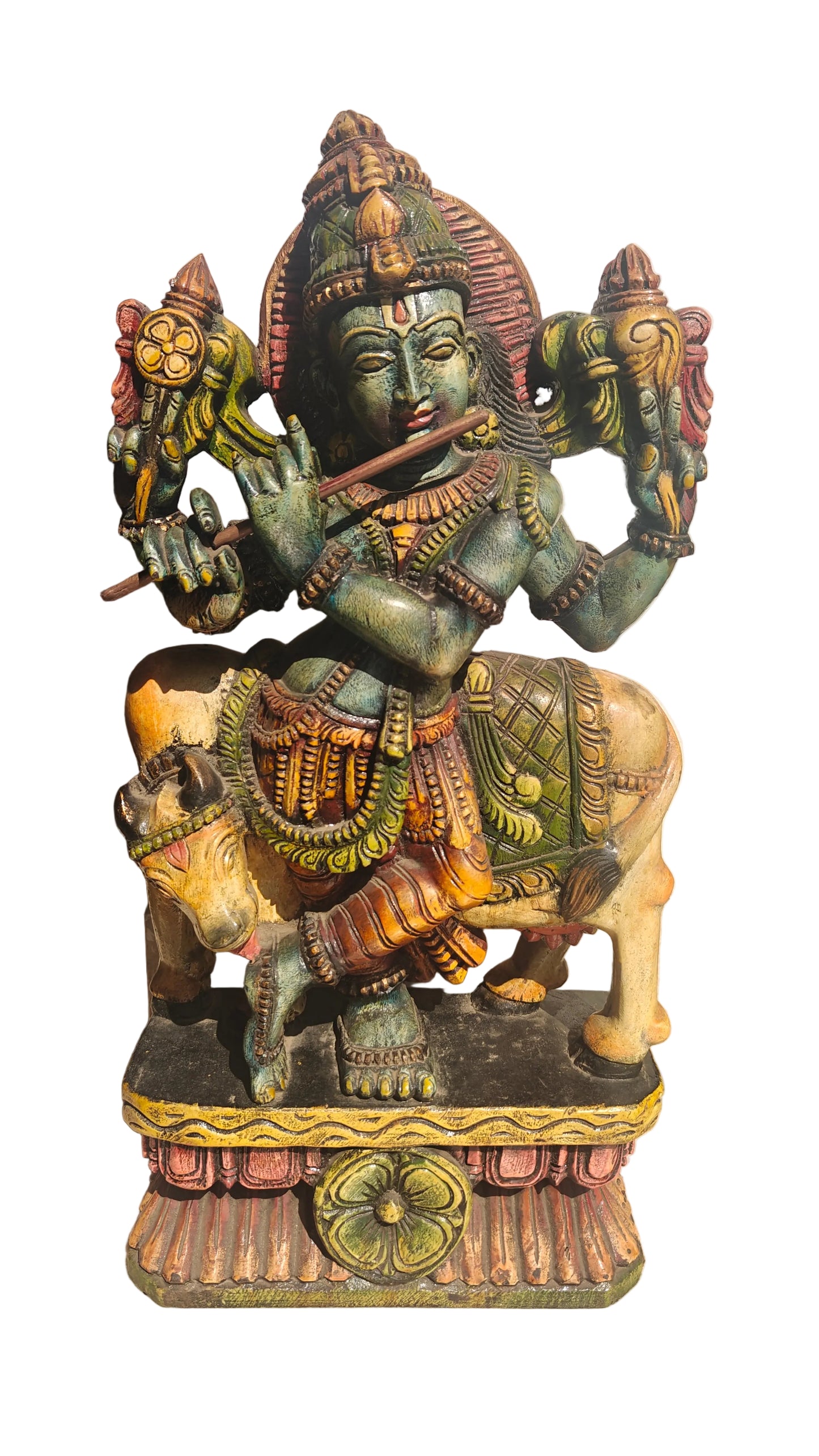 Handcrafted Wood Krishna Statue with Cow | Hand-Painted Indian Folk Art | 23 inch