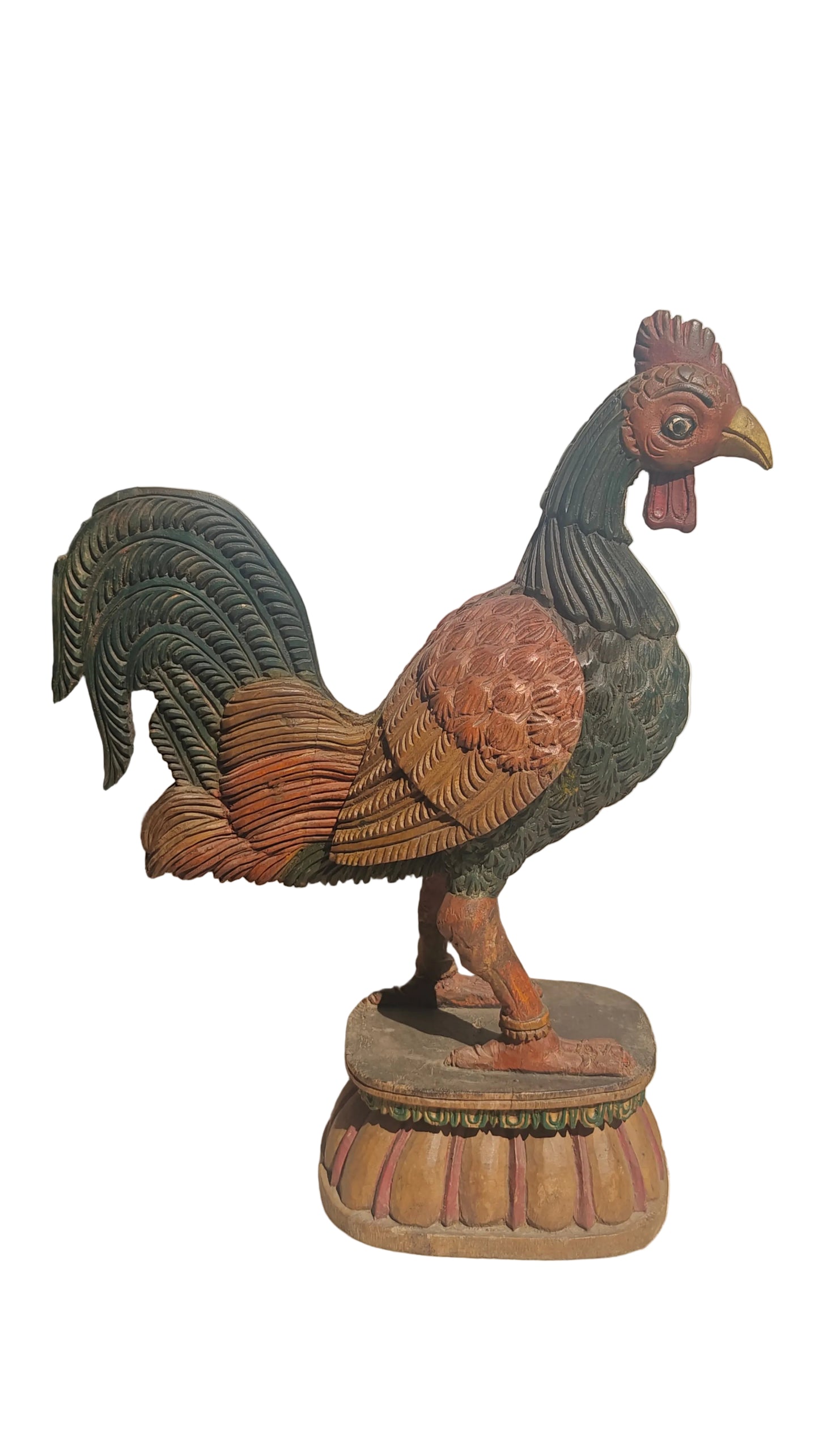 Handcrafted Wood Rooster Sculpture | Hand-Painted Indian Folk Art | 18 inch