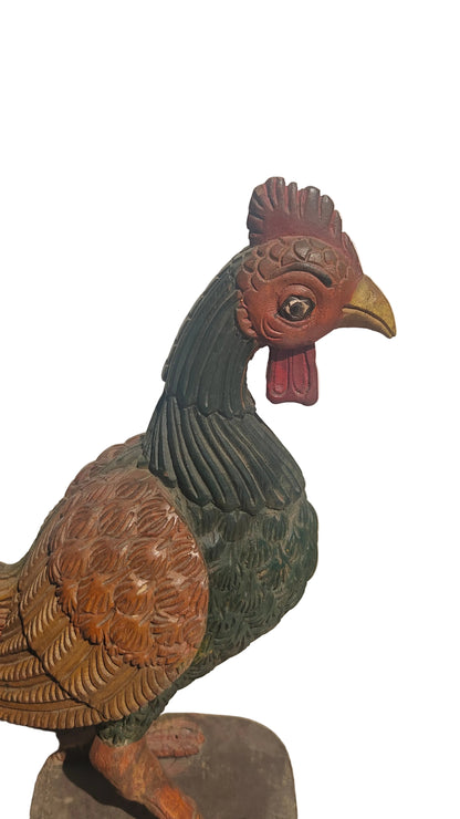 Handcrafted Wood Rooster Sculpture | Hand-Painted Indian Folk Art | 18 inch