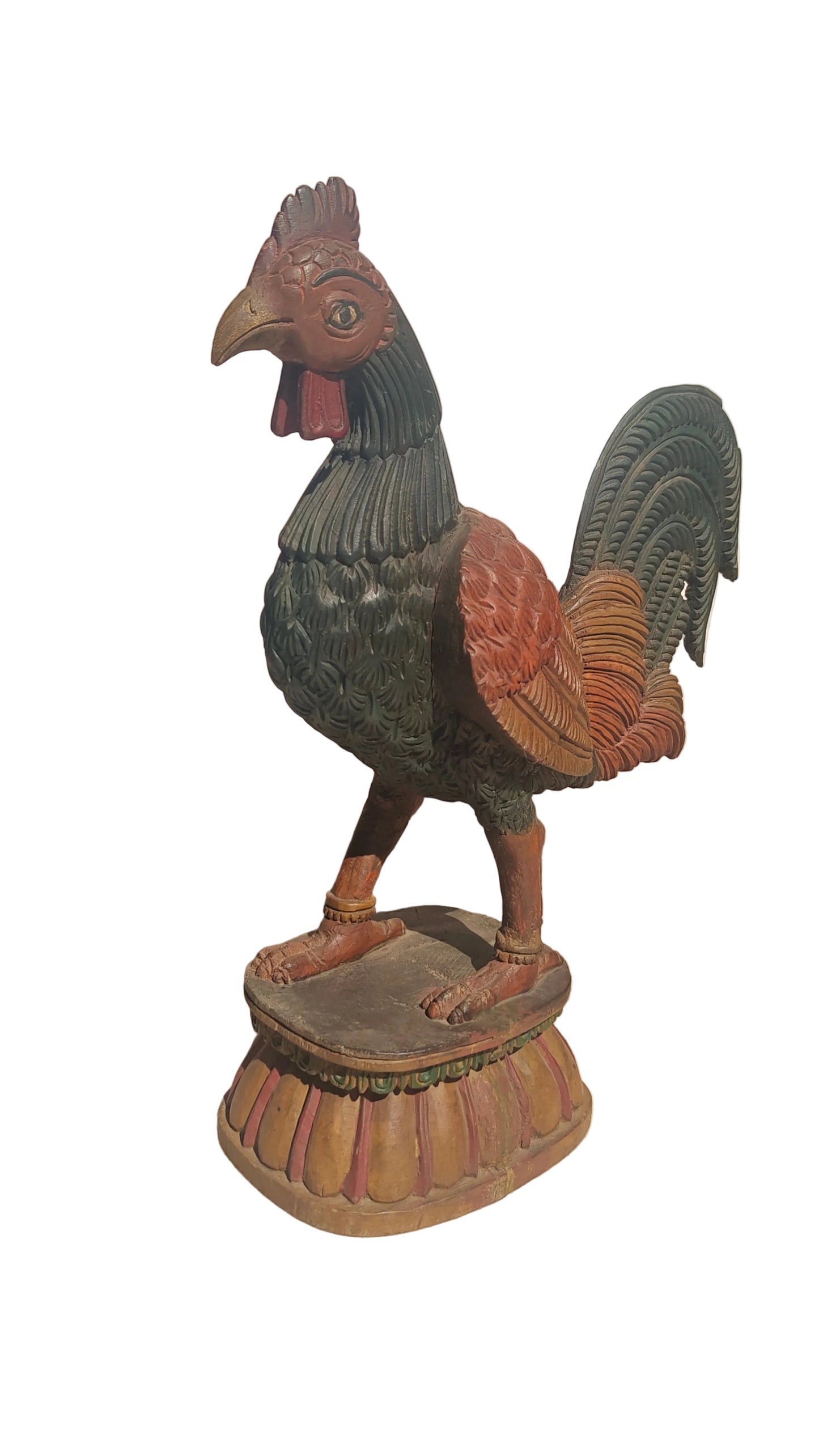 Handcrafted Wood Rooster Sculpture | Hand-Painted Indian Folk Art | 18 inch