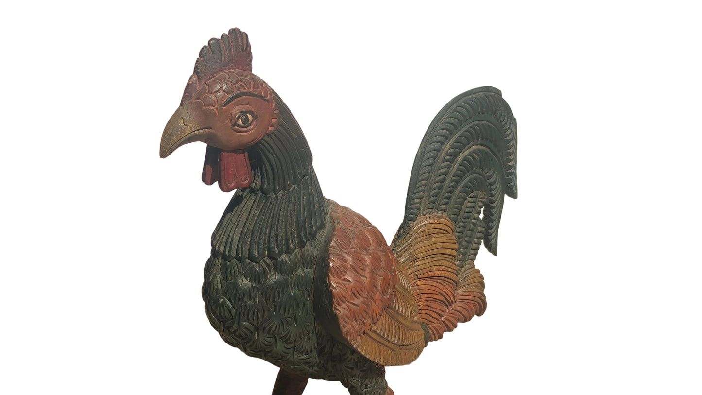 Handcrafted Wood Rooster Sculpture | Hand-Painted Indian Folk Art | 18 inch
