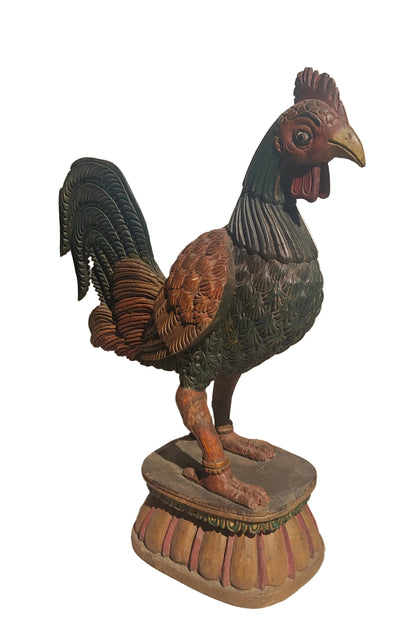 Handcrafted Wood Rooster Sculpture | Hand-Painted Indian Folk Art | 18 inch