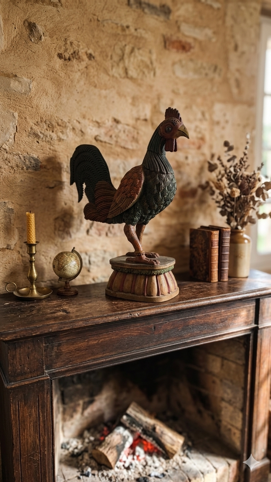 Handcrafted Wood Rooster Sculpture | Hand-Painted Indian Folk Art | 18 inch