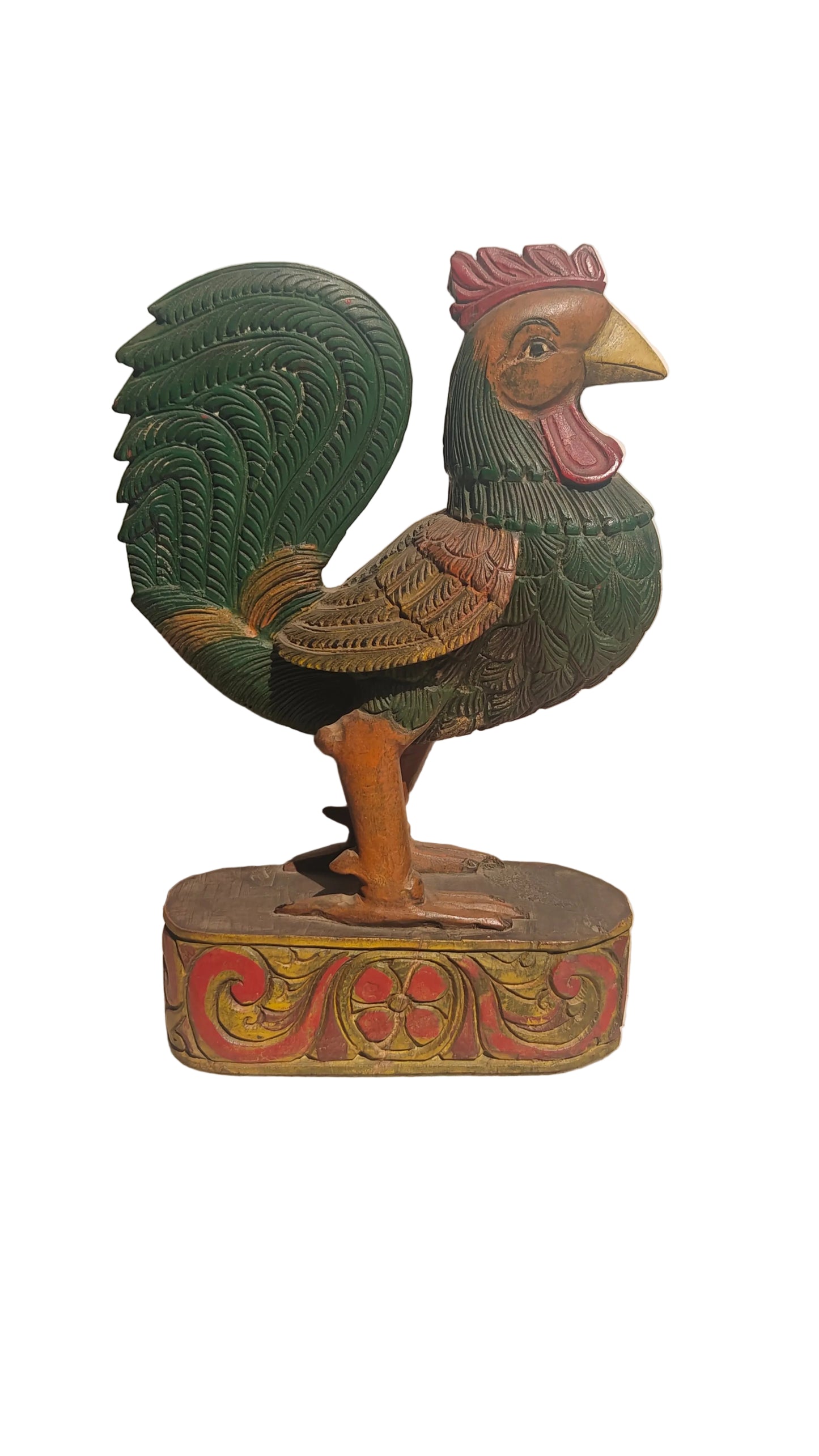 Handcrafted Wood Rooster Sculpture | Hand-Painted Indian Folk Art | 12 inch