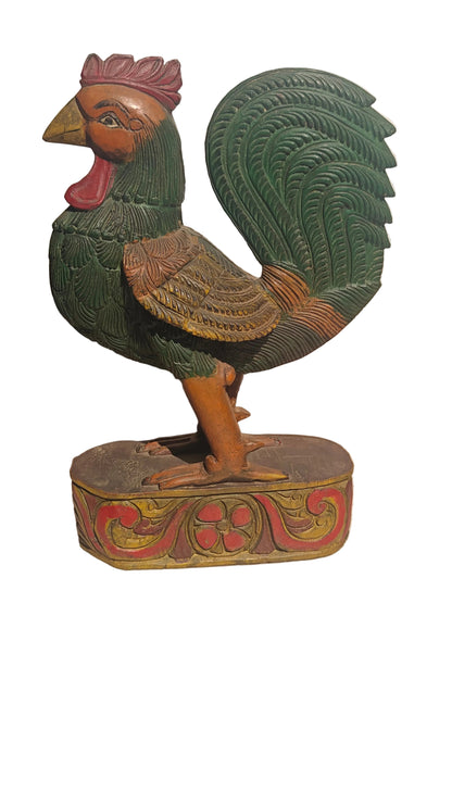 Handcrafted Wood Rooster Sculpture | Hand-Painted Indian Folk Art | 12 inch