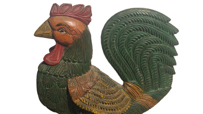 Handcrafted Wood Rooster Sculpture | Hand-Painted Indian Folk Art | 12 inch