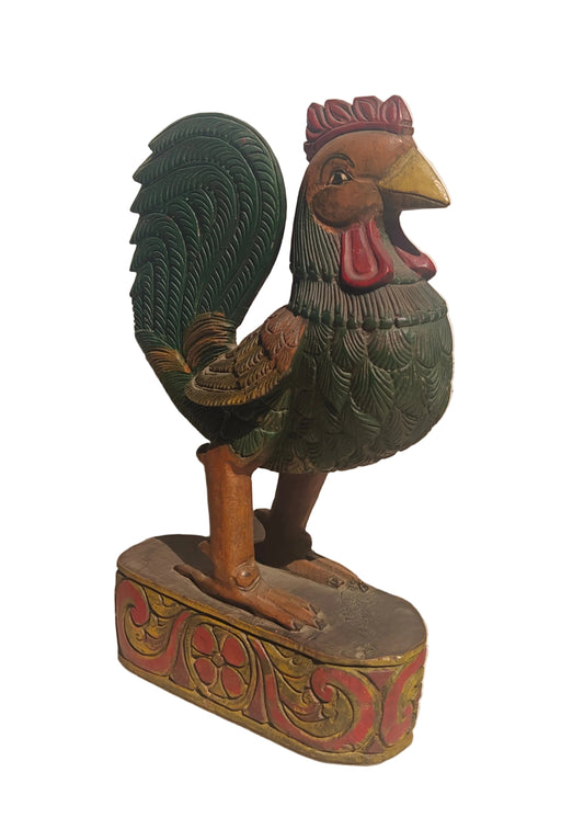 Handcrafted Wood Rooster Sculpture | Hand-Painted Indian Folk Art | 12 inch