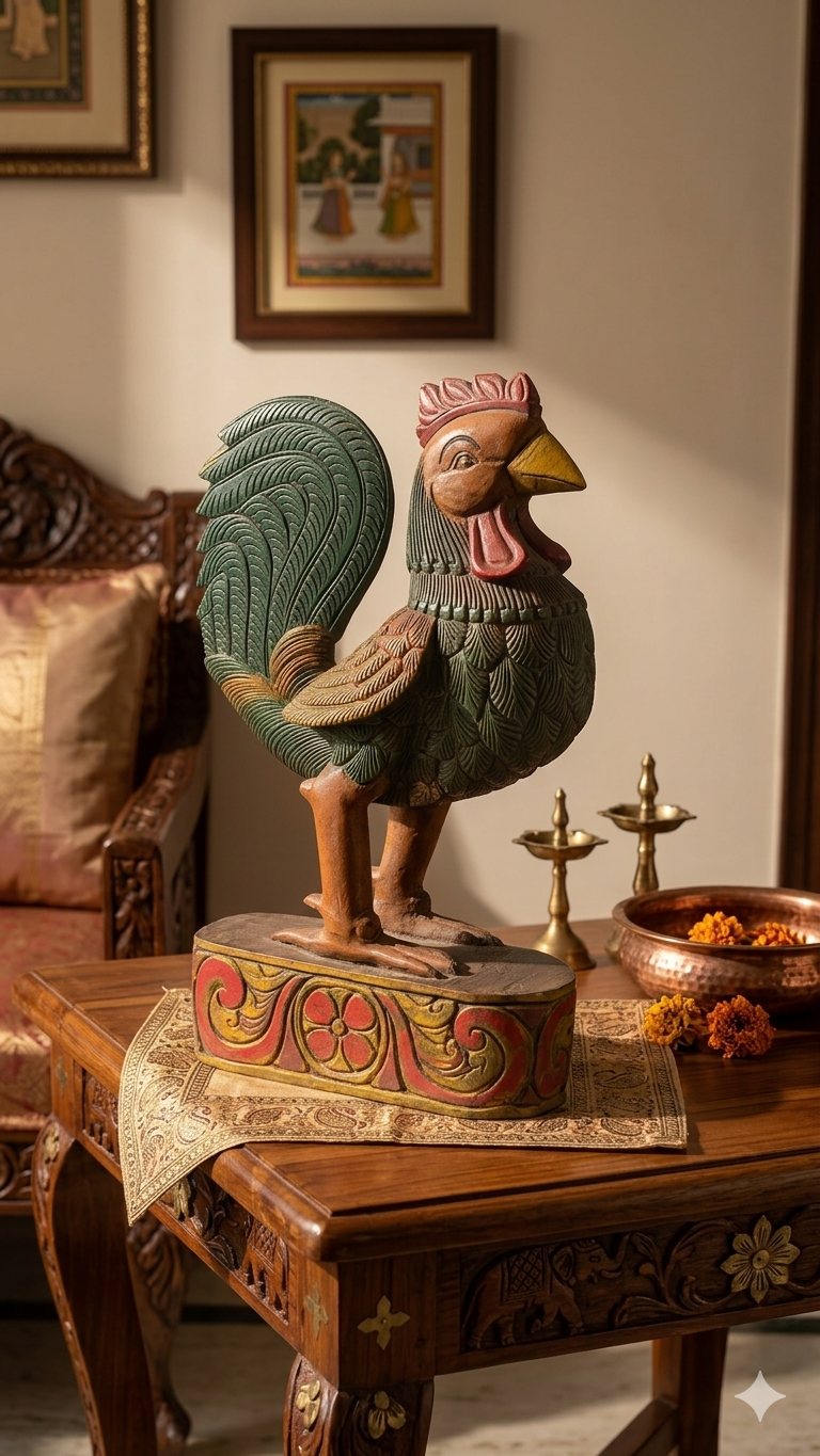 Handcrafted Wood Rooster Sculpture | Hand-Painted Indian Folk Art | 12 inch
