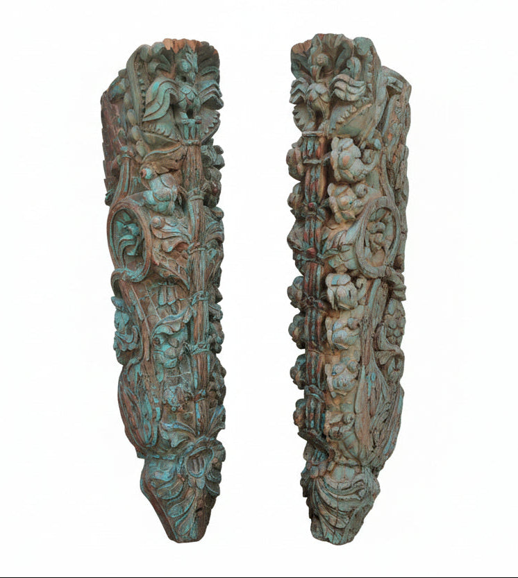 Antique Hand-Carved Wood Brackets with Peacock & Floral Motifs | Architectural Corbels | Pair
