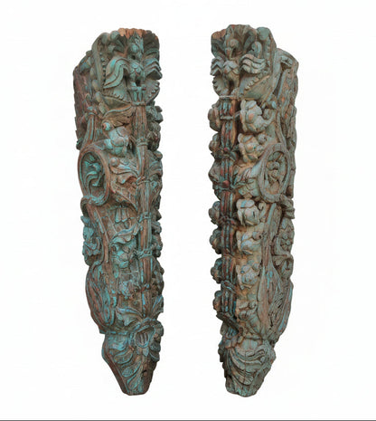 Antique Hand-Carved Wood Brackets with Peacock & Floral Motifs | Architectural Corbels | Pair