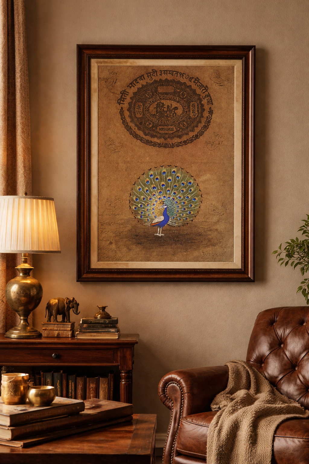Vintage Peacock Art on Antique Stamp Paper | Blue Green Gold | Heritage Archival Art | 8.5x12.5 inch
