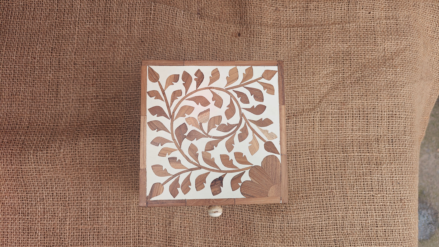 Teak Wood Inlay Floral Box | White Resin | Handcrafted Decorative Box | 6x6 inch