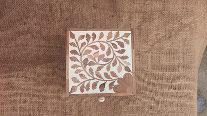 Teak Wood Inlay Floral Box | White Resin | Handcrafted Decorative Box | 6x6 inch