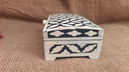 Bone Inlay Geometric Box | Black Resin | Handcrafted Decorative Box | 8x4.5 inch