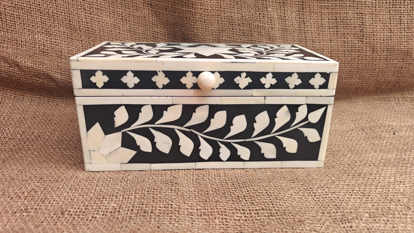 Bone Inlay Floral Box | Black Resin | Handcrafted Jewellery & Keepsake Box | 9x4.5 inch