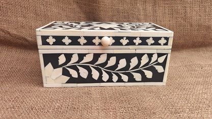 Bone Inlay Floral Box | Black Resin | Handcrafted Jewellery & Keepsake Box | 9x4.5 inch