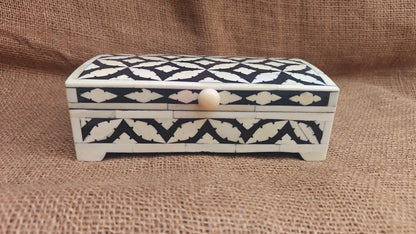 Bone Inlay Geometric Box | Black Resin | Handcrafted Decorative Box | 8x4.5 inch