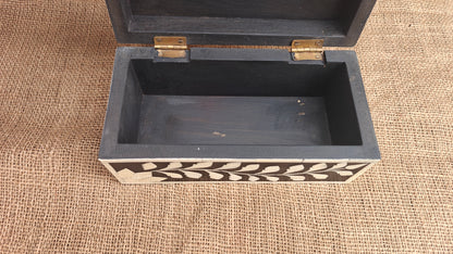 Bone Inlay Floral Box | Black Resin | Handcrafted Jewellery & Keepsake Box | 9x4.5 inch