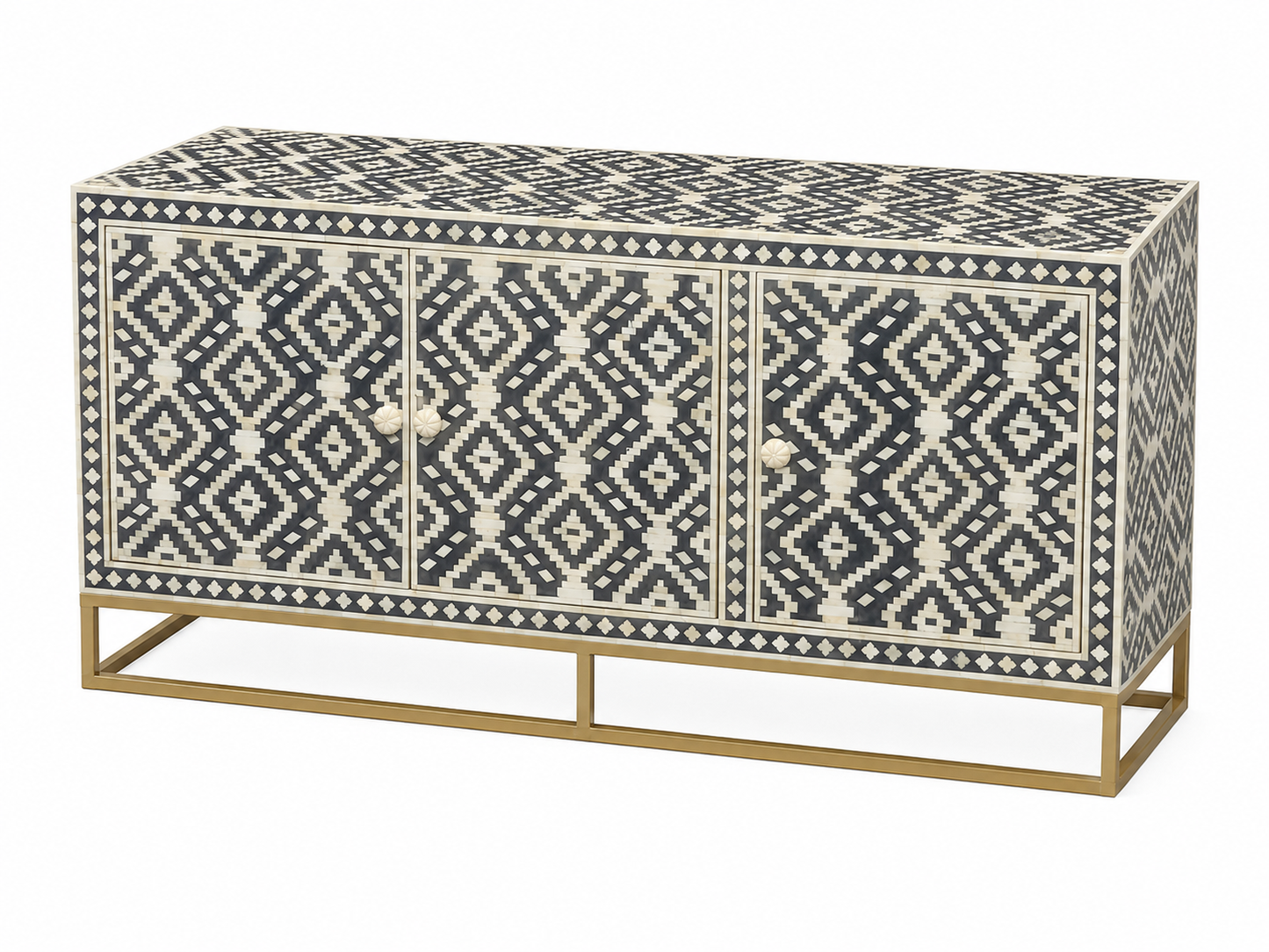 Bone Inlay Sideboard | 3 Doors | Geometric Pattern | Brass Frame | Handcrafted | 150x45x75 Cms.