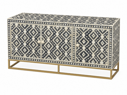 Bone Inlay Sideboard | 3 Doors | Geometric Pattern | Brass Frame | Handcrafted | 150x45x75 Cms.