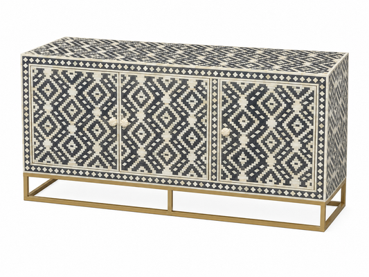Bone Inlay Sideboard | 3 Doors | Geometric Pattern | Brass Frame | Handcrafted | 150x45x75 Cms.