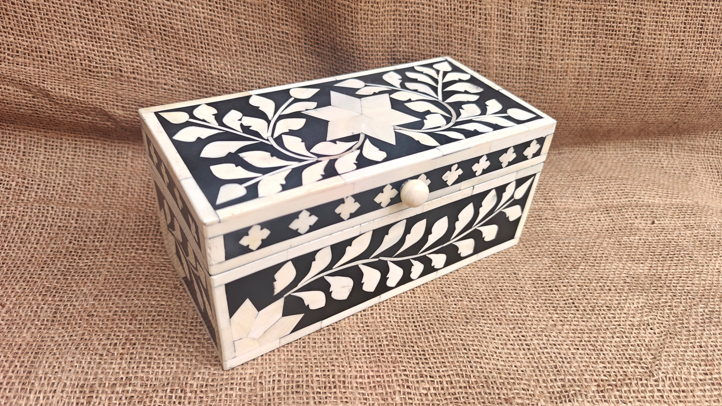 Bone Inlay Floral Box | Black Resin | Handcrafted Jewellery & Keepsake Box | 9x4.5 inch