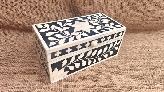 Bone Inlay Floral Box | Black Resin | Handcrafted Jewellery & Keepsake Box | 9x4.5 inch