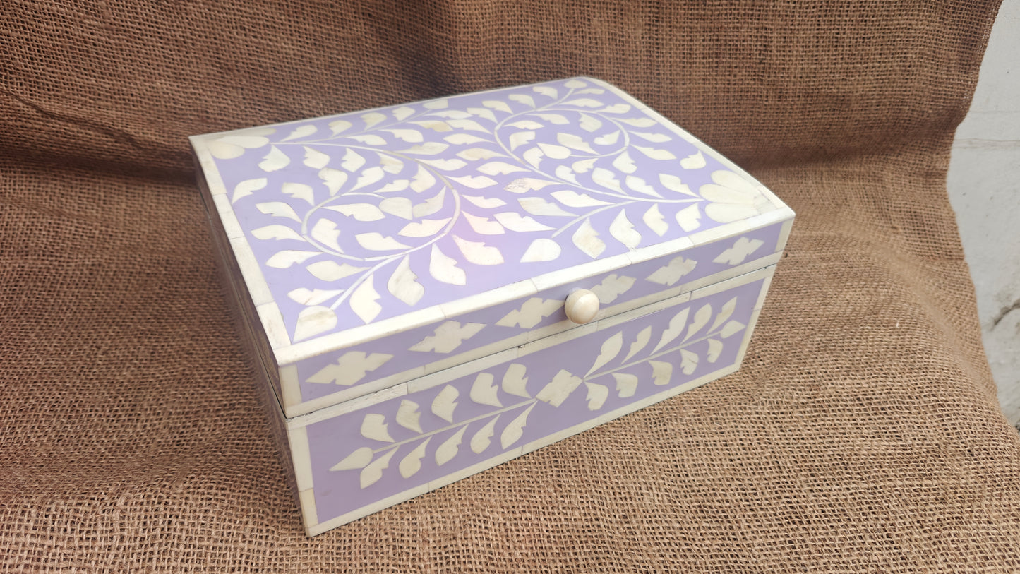 Bone Inlay Floral Box | Purple Resin | Handcrafted Jewellery & Keepsake Box | 10.5x8 inch
