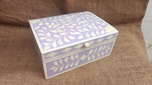 Bone Inlay Floral Box | Purple Resin | Handcrafted Jewellery & Keepsake Box | 10.5x8 inch