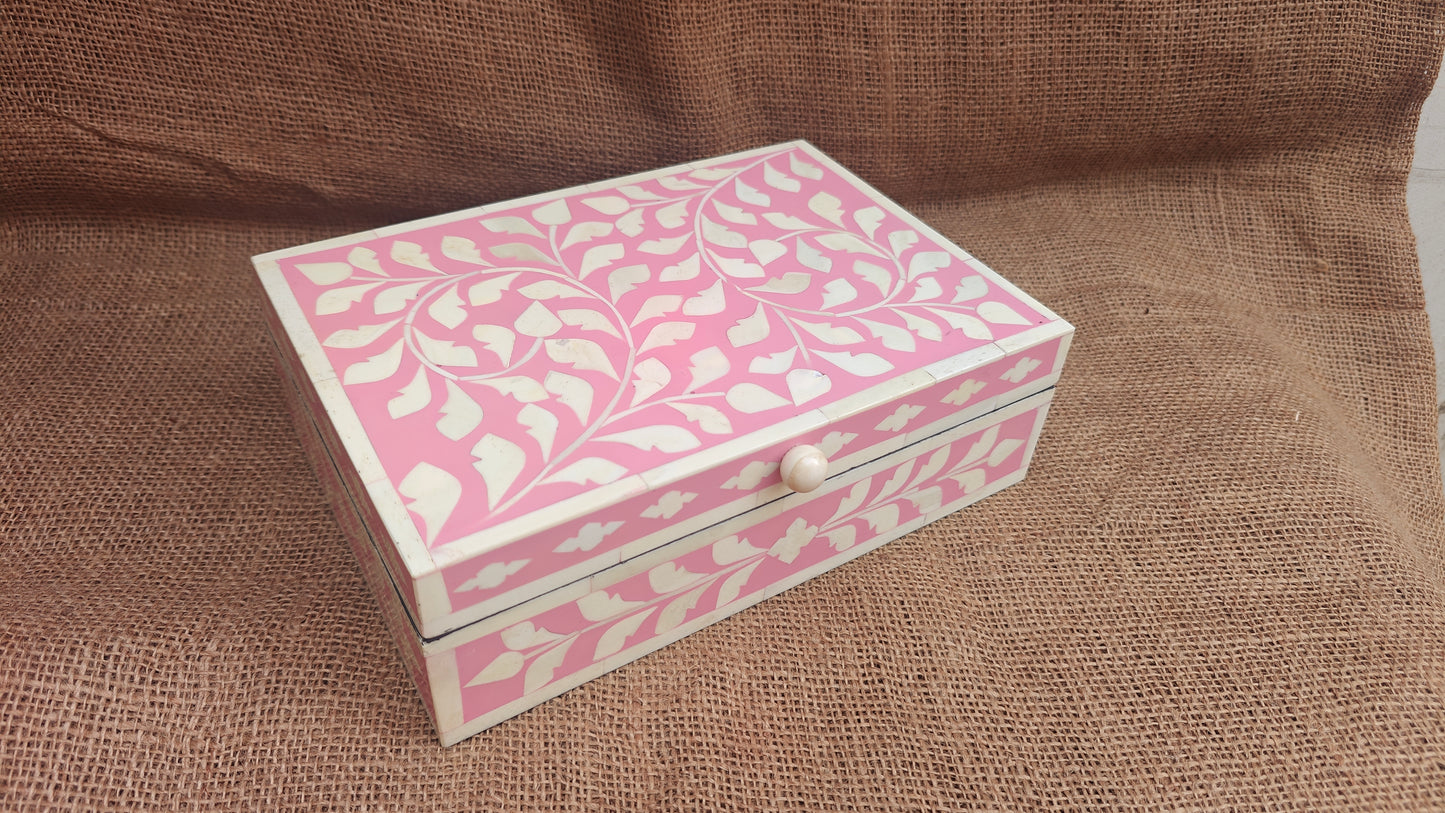 Bone Inlay Floral Box | Pink Resin | Handcrafted Jewellery & Keepsake Box | 10x7 inch