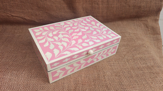 Bone Inlay Floral Box | Pink Resin | Handcrafted Jewellery & Keepsake Box | 10x7 inch