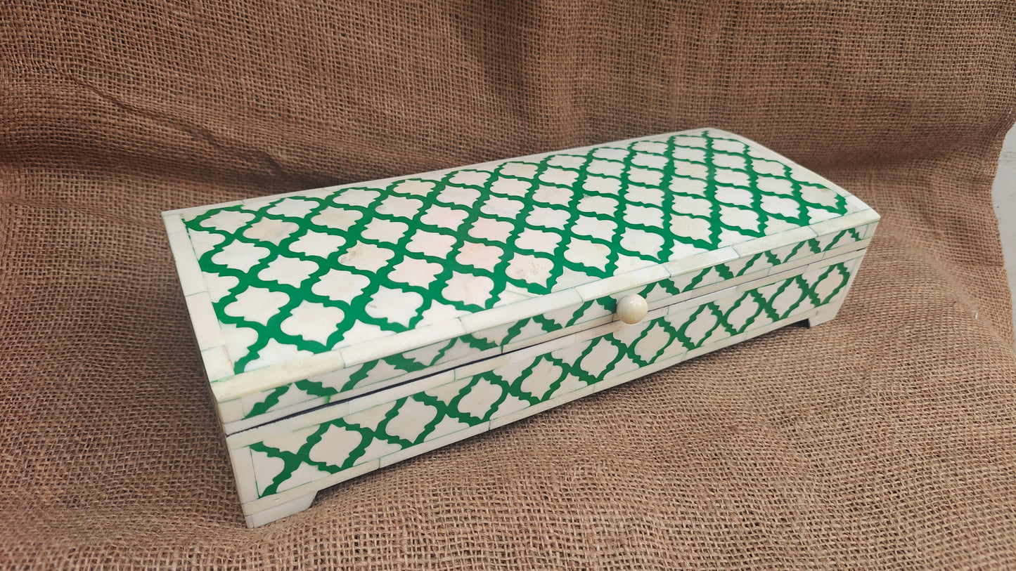 Bone Inlay Floral Box | Green Resin | Handcrafted Jewellery & Keepsake Box | 15x6 inch