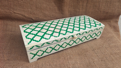 Bone Inlay Floral Box | Green Resin | Handcrafted Jewellery & Keepsake Box | 15x6 inch