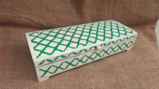 Bone Inlay Floral Box | Green Resin | Handcrafted Jewellery & Keepsake Box | 15x6 inch