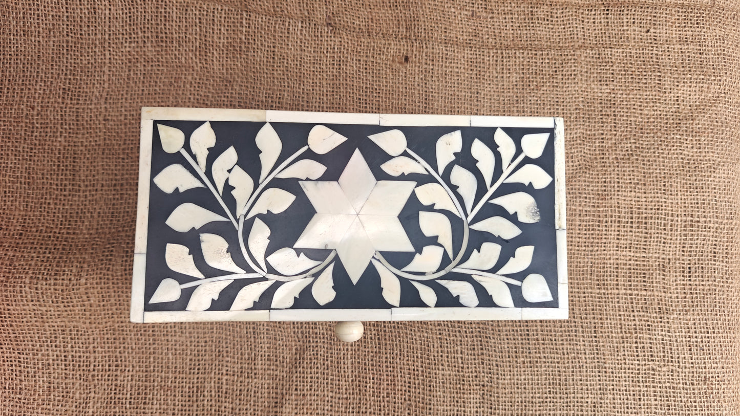 Bone Inlay Floral Box | Black Resin | Handcrafted Jewellery & Keepsake Box | 9x4.5 inch