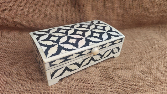 Bone Inlay Geometric Box | Black Resin | Handcrafted Decorative Box | 8x4.5 inch