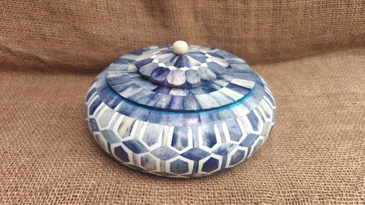 Bone Inlay Tobacco Box | Blue Bone & White Resin | Handcrafted Decorative Box | 8x8 inch