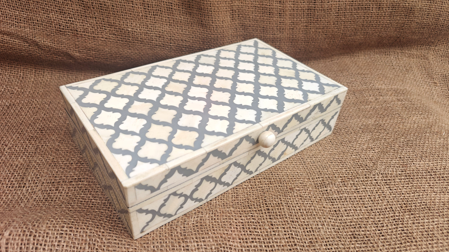 Bone Inlay Mughal Design Box | Grey Resin | Handcrafted Jewellery & Keepsake Box | 12x7 inch