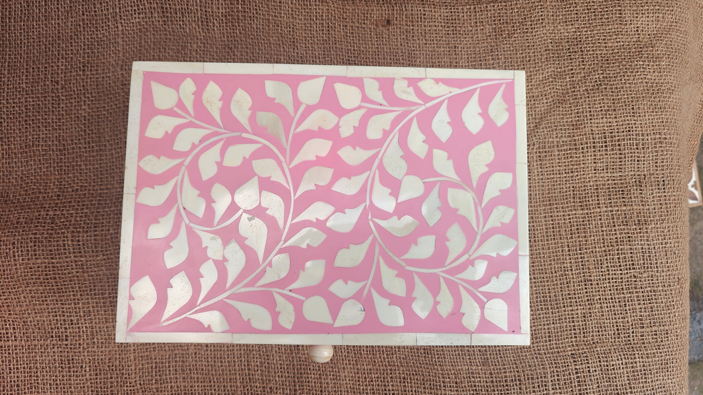 Bone Inlay Floral Box | Pink Resin | Handcrafted Jewellery & Keepsake Box | 10x7 inch